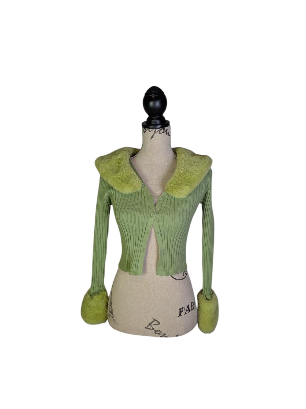 Y2K Green Faux Fur Trimmed Cardigan Size S